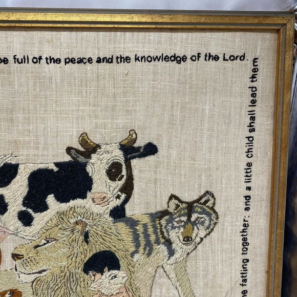 Vtg Framed Crewel Wall Hanging Isaiah 11:6-7 Biblical Large Finished Embroidery - Picture 6 of 16